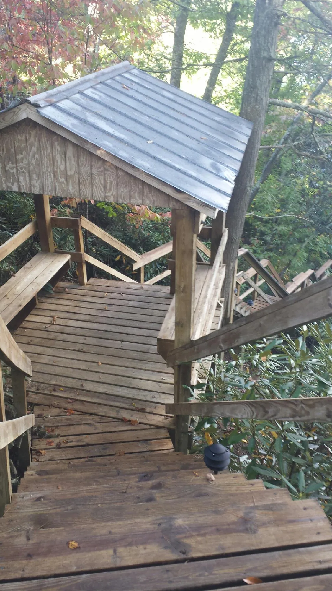 Metal roofed shelter over wooden steps on a wooded walkway — Skylight Repair & Installation work by our crew in Gauley Bridge